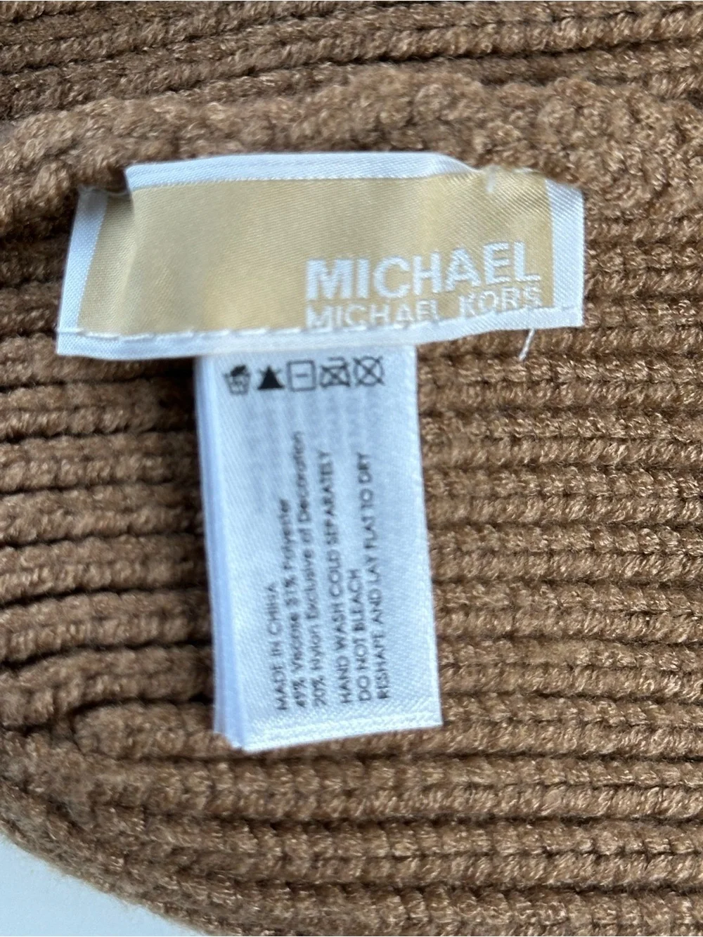 Michael Kors Camel Ribbed Knit Slouchy Beanie Tonal MK Logo NWOT